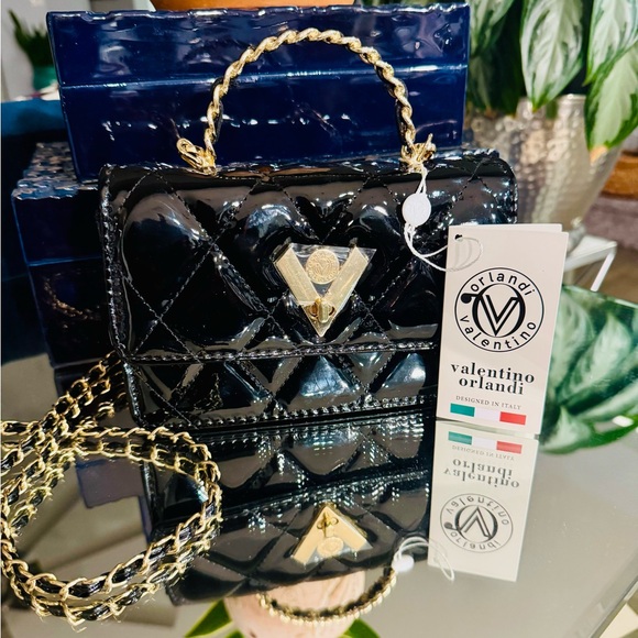 Valentino Orlandi Black Quilted Mini Bag with Gold Chain in Patent - Picture 2 of 6